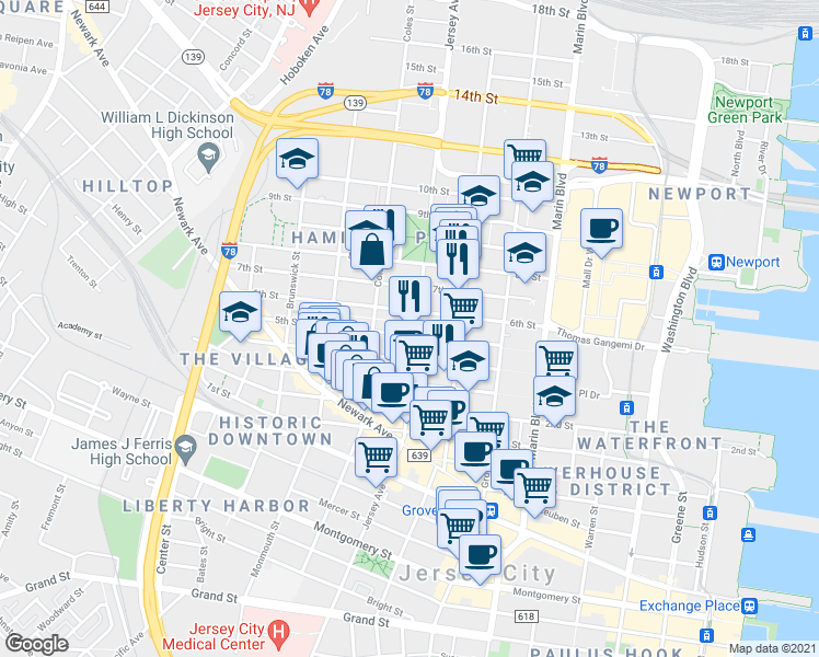 map of restaurants, bars, coffee shops, grocery stores, and more near 272 5th Street in Jersey City