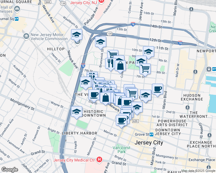 map of restaurants, bars, coffee shops, grocery stores, and more near 437 Monmouth Street in Jersey City