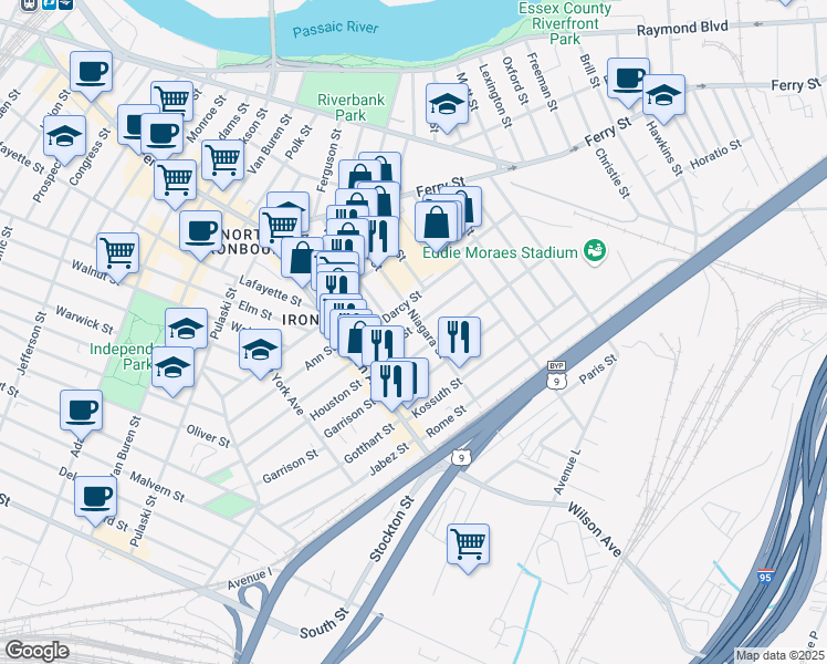 map of restaurants, bars, coffee shops, grocery stores, and more near 107 Niagara Street in Newark