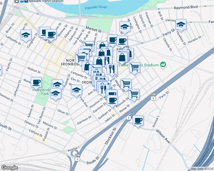 map of restaurants, bars, coffee shops, grocery stores, and more near 27 Darcy Street in Newark
