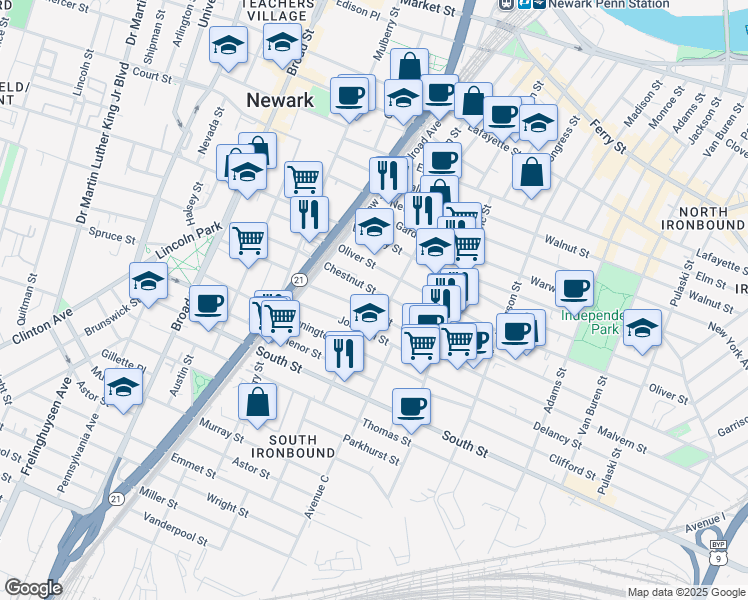 map of restaurants, bars, coffee shops, grocery stores, and more near 14 Hermon Street in Newark