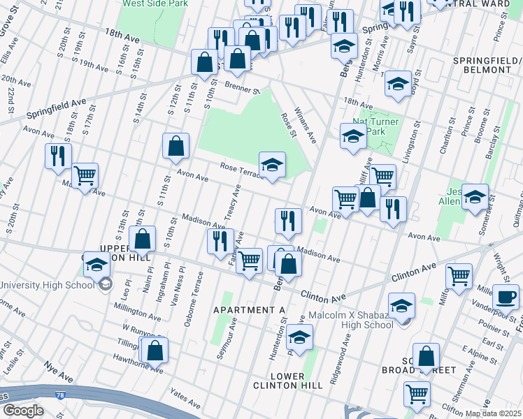 map of restaurants, bars, coffee shops, grocery stores, and more near 14 Seymour Avenue in Newark