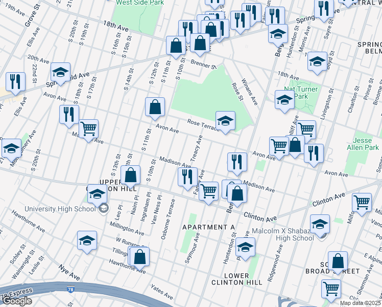 map of restaurants, bars, coffee shops, grocery stores, and more near 49 Treacy Avenue in Newark