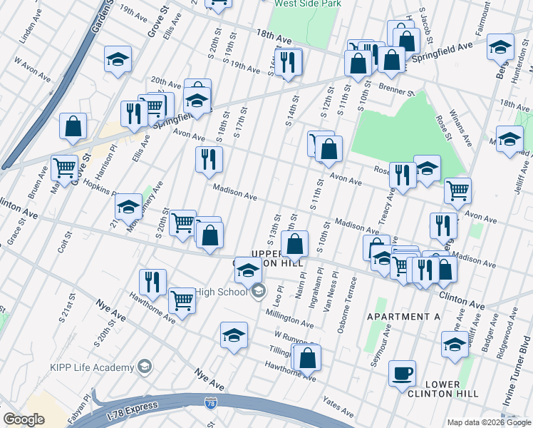 map of restaurants, bars, coffee shops, grocery stores, and more near 831 South 13th Street in Newark