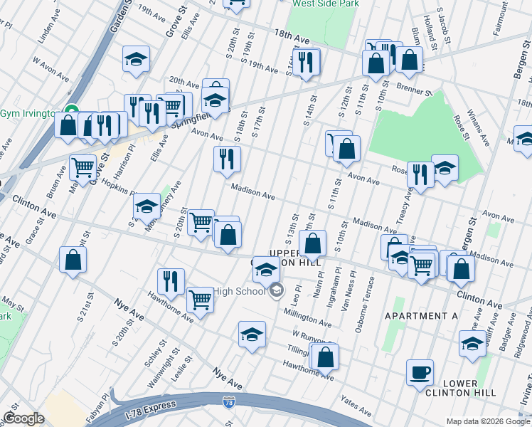 map of restaurants, bars, coffee shops, grocery stores, and more near 844 South 15th Street in Newark