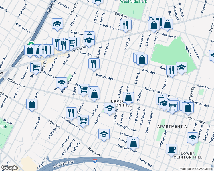 map of restaurants, bars, coffee shops, grocery stores, and more near 844 South 15th Street in Newark