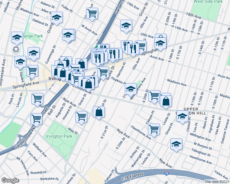 map of restaurants, bars, coffee shops, grocery stores, and more near 24 Ellis Avenue in Irvington