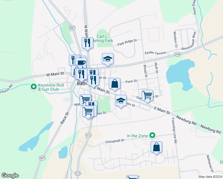 map of restaurants, bars, coffee shops, grocery stores, and more near 221 East Main Street in Bath