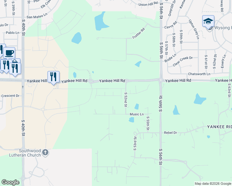 map of restaurants, bars, coffee shops, grocery stores, and more near 4949 Yankee Hill Road in Lincoln