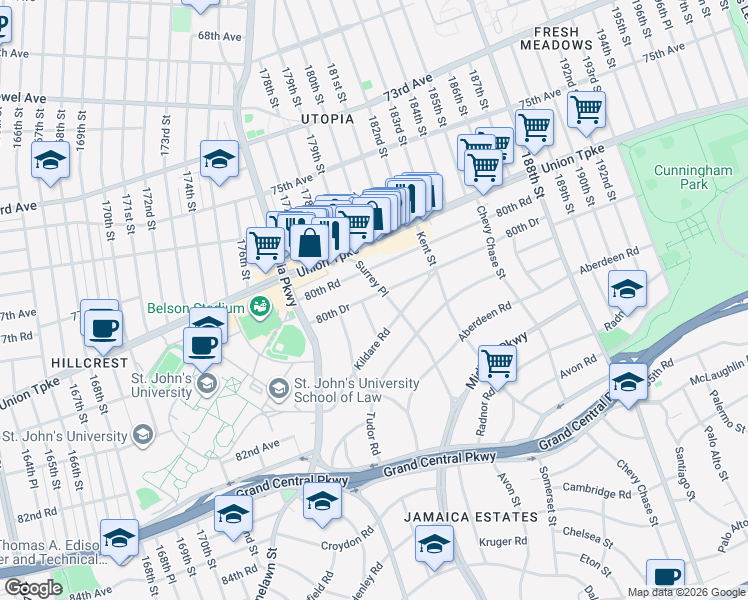 map of restaurants, bars, coffee shops, grocery stores, and more near 17912 80th Drive in Queens
