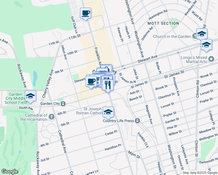 map of restaurants, bars, coffee shops, grocery stores, and more near 667 Franklin Avenue in Garden City