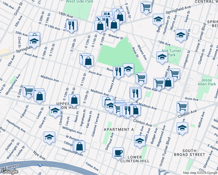 map of restaurants, bars, coffee shops, grocery stores, and more near 49 Treacy Avenue in Newark