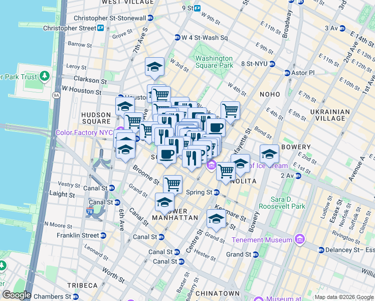 map of restaurants, bars, coffee shops, grocery stores, and more near 112 Prince Street in New York