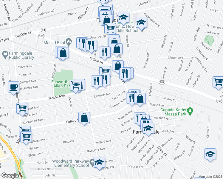 map of restaurants, bars, coffee shops, grocery stores, and more near 3 Powell Street in South Farmingdale