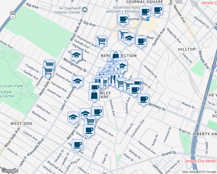 map of restaurants, bars, coffee shops, grocery stores, and more near 740A Bergen Avenue in Jersey City