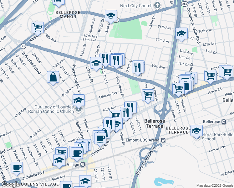 map of restaurants, bars, coffee shops, grocery stores, and more near 224-34 Edmore Avenue in Queens