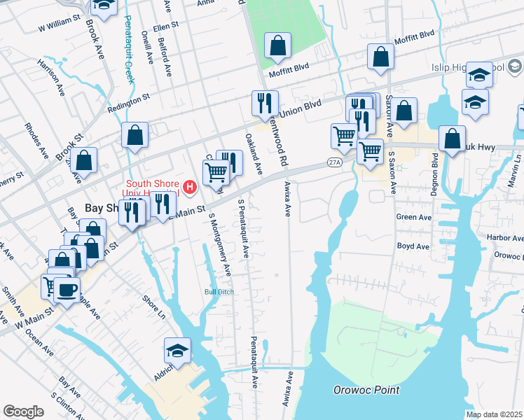 map of restaurants, bars, coffee shops, grocery stores, and more near 7 Villa Prm in Bay Shore