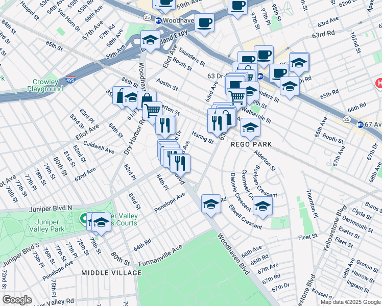 map of restaurants, bars, coffee shops, grocery stores, and more near 63-15 Carlton Street in Queens