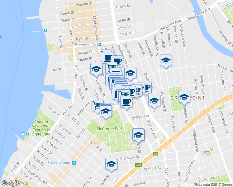 map of restaurants, bars, coffee shops, grocery stores, and more near 680 Manhattan Avenue in Brooklyn