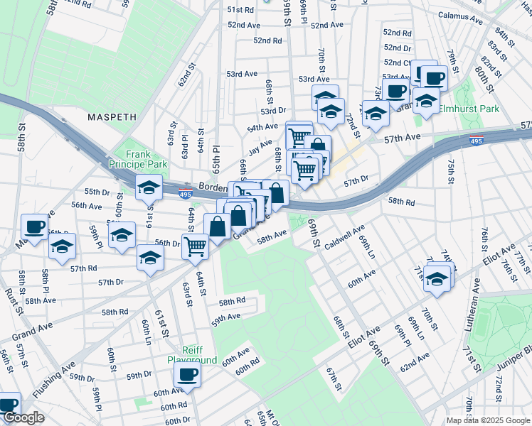map of restaurants, bars, coffee shops, grocery stores, and more near 66-45 Grand Avenue in Queens