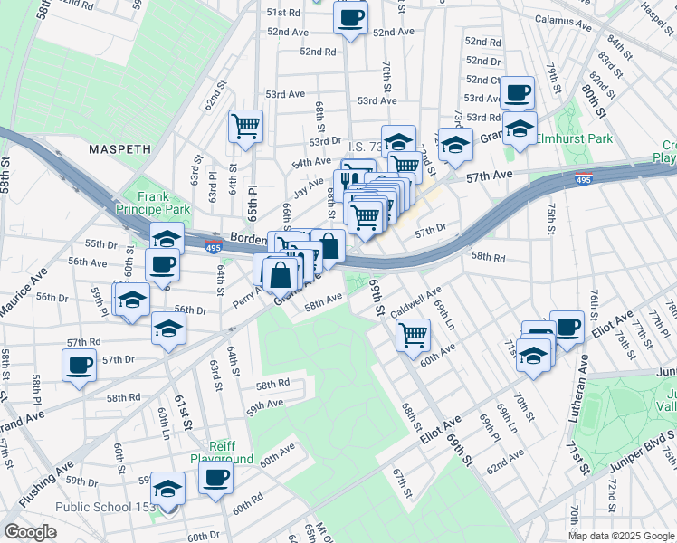 map of restaurants, bars, coffee shops, grocery stores, and more near 57-02 Brown Place in Queens