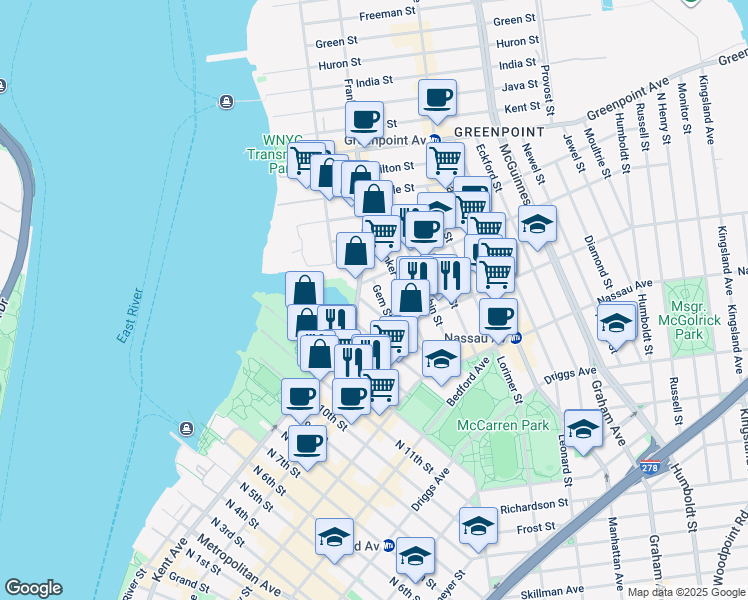 map of restaurants, bars, coffee shops, grocery stores, and more near 7 North 15th Street in Brooklyn