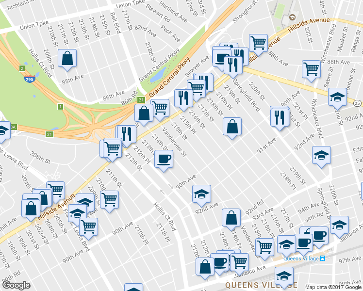 map of restaurants, bars, coffee shops, grocery stores, and more near 89-17 Vanderveer Street in Queens