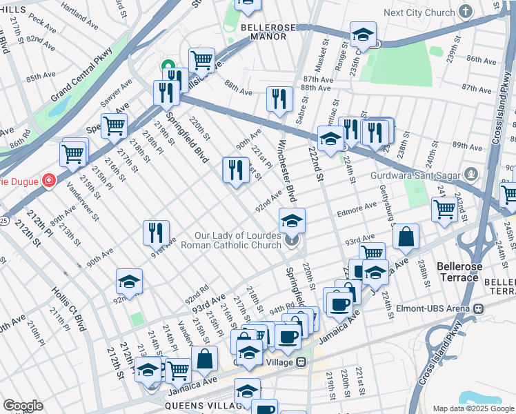 map of restaurants, bars, coffee shops, grocery stores, and more near 91-48 220th Street in Queens