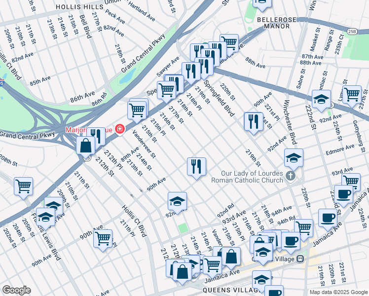 map of restaurants, bars, coffee shops, grocery stores, and more near 89-82 216th Street in Queens