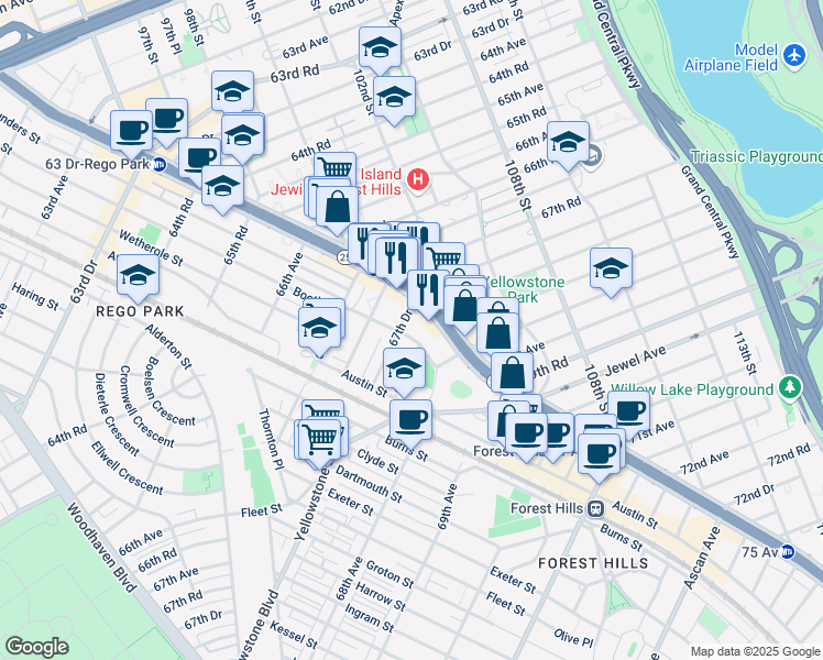 map of restaurants, bars, coffee shops, grocery stores, and more near 67-50 Booth Street in Queens