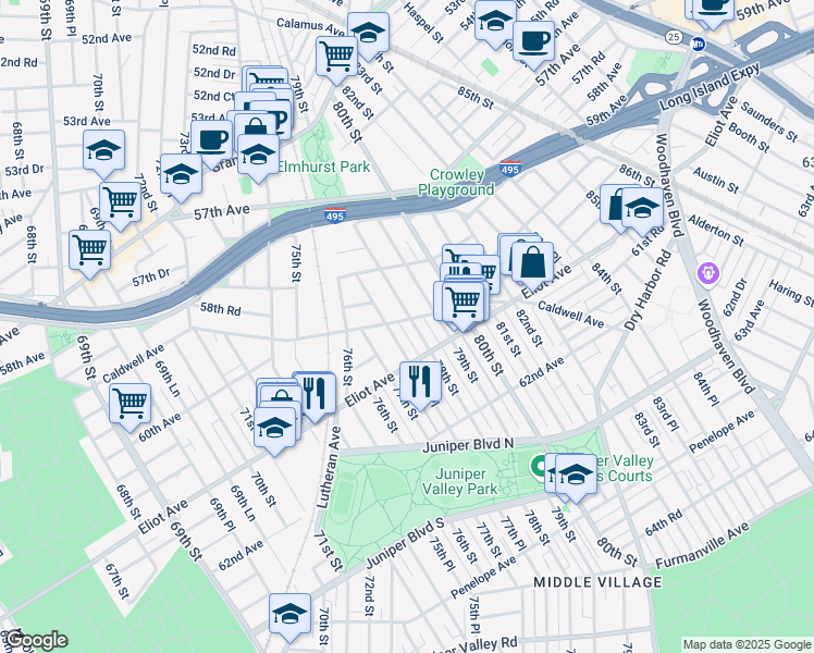 map of restaurants, bars, coffee shops, grocery stores, and more near 60-03 77th Place in Queens