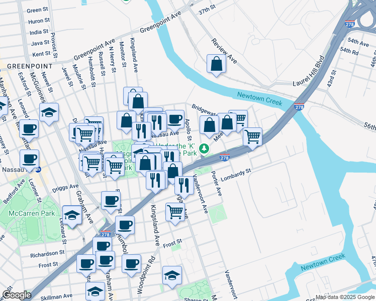 map of restaurants, bars, coffee shops, grocery stores, and more near 23A Apollo Street in Brooklyn