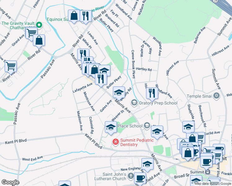 map of restaurants, bars, coffee shops, grocery stores, and more near 2 School Avenue in Summit