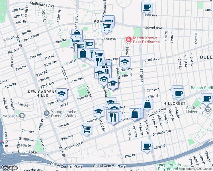 map of restaurants, bars, coffee shops, grocery stores, and more near 158-6 76th Avenue in Queens