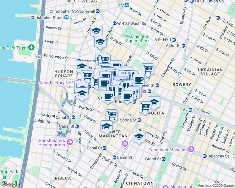 map of restaurants, bars, coffee shops, grocery stores, and more near 110 Prince Street in New York