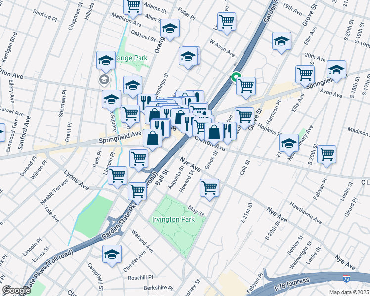map of restaurants, bars, coffee shops, grocery stores, and more near 26 Ball Street in Irvington