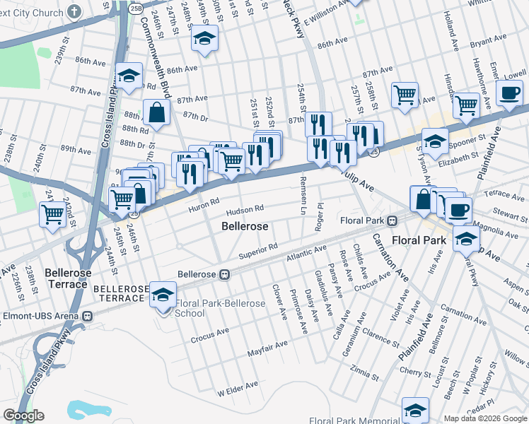 map of restaurants, bars, coffee shops, grocery stores, and more near 66 Hudson Road in Floral Park