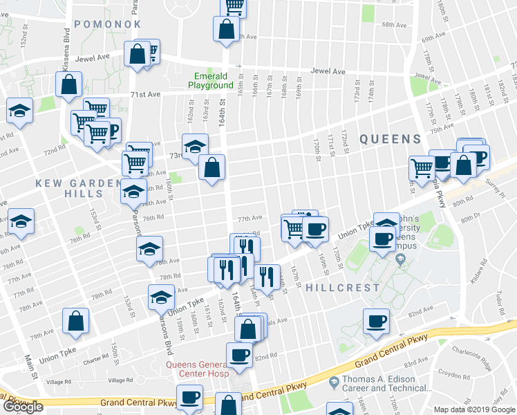 map of restaurants, bars, coffee shops, grocery stores, and more near 164-38 76th Road in Queens