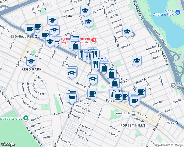 map of restaurants, bars, coffee shops, grocery stores, and more near 101-06 67th Drive in Queens
