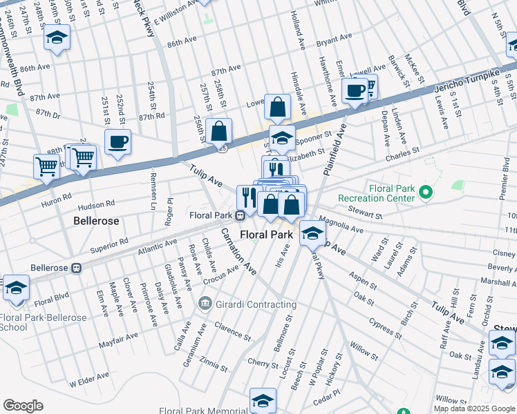 map of restaurants, bars, coffee shops, grocery stores, and more near 889 Caroline Place in Floral Park