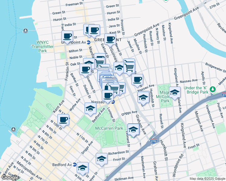 map of restaurants, bars, coffee shops, grocery stores, and more near 680 Manhattan Avenue in Brooklyn