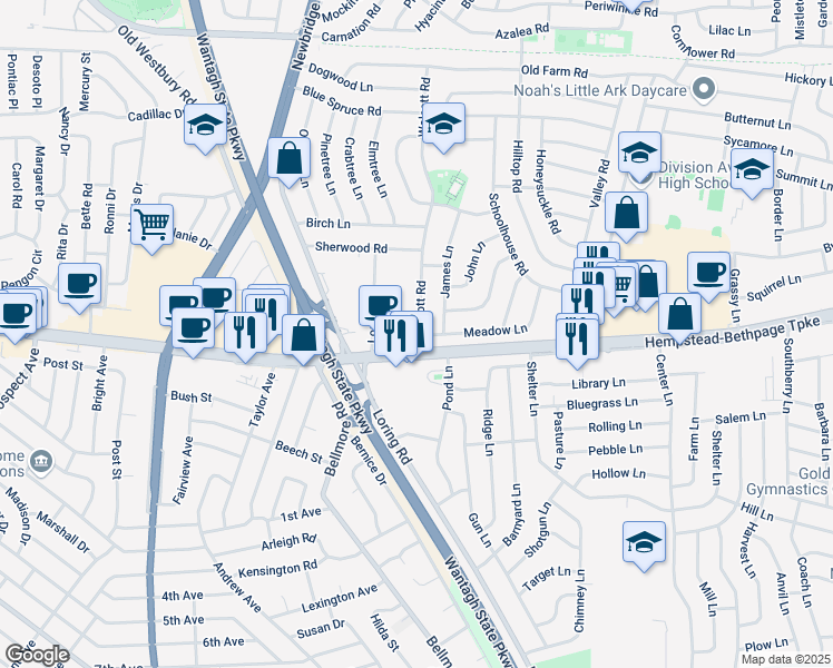 map of restaurants, bars, coffee shops, grocery stores, and more near 16 Wolcott Road in Levittown