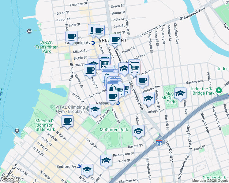 map of restaurants, bars, coffee shops, grocery stores, and more near 680 Manhattan Avenue in Brooklyn