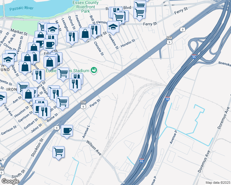 map of restaurants, bars, coffee shops, grocery stores, and more near 150 Saint Charles Street in Newark