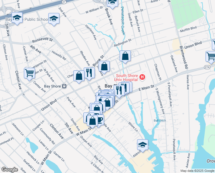 map of restaurants, bars, coffee shops, grocery stores, and more near 28 2nd Avenue in Bay Shore
