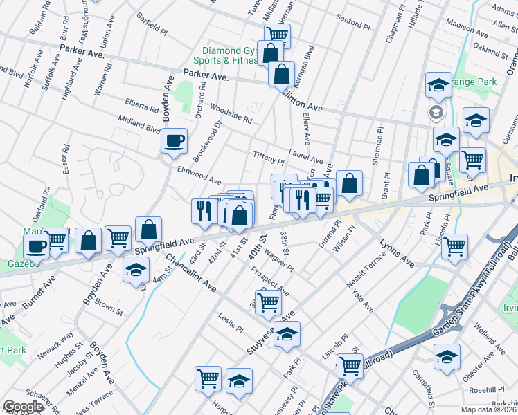 map of restaurants, bars, coffee shops, grocery stores, and more near 26 Headley Terrace in Irvington