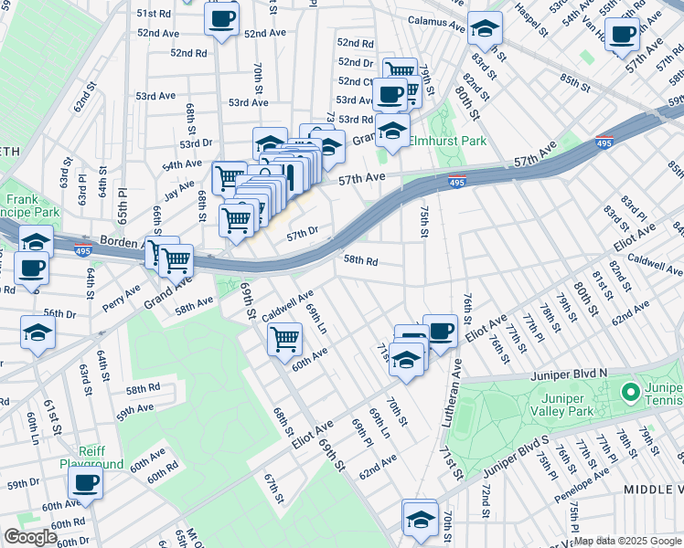 map of restaurants, bars, coffee shops, grocery stores, and more near 58-41 Mazeau St in Queens