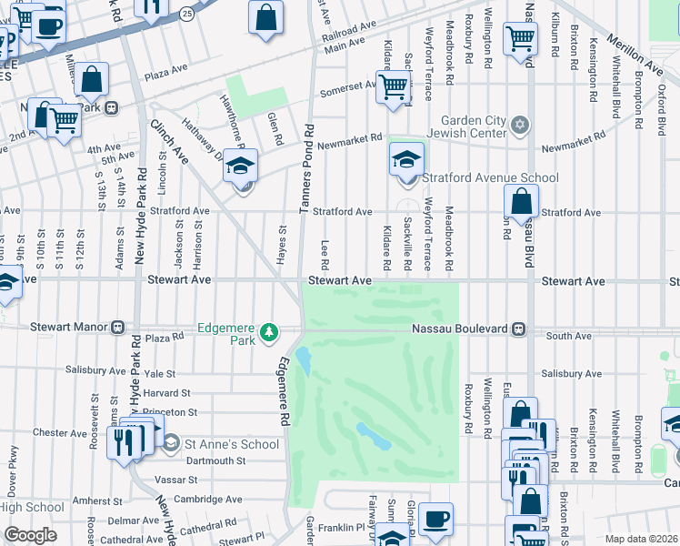 map of restaurants, bars, coffee shops, grocery stores, and more near 165 Stewart Avenue in Garden City