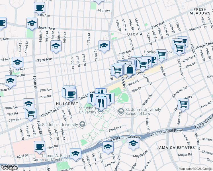 map of restaurants, bars, coffee shops, grocery stores, and more near Union Turnpike & 175th Street in Queens