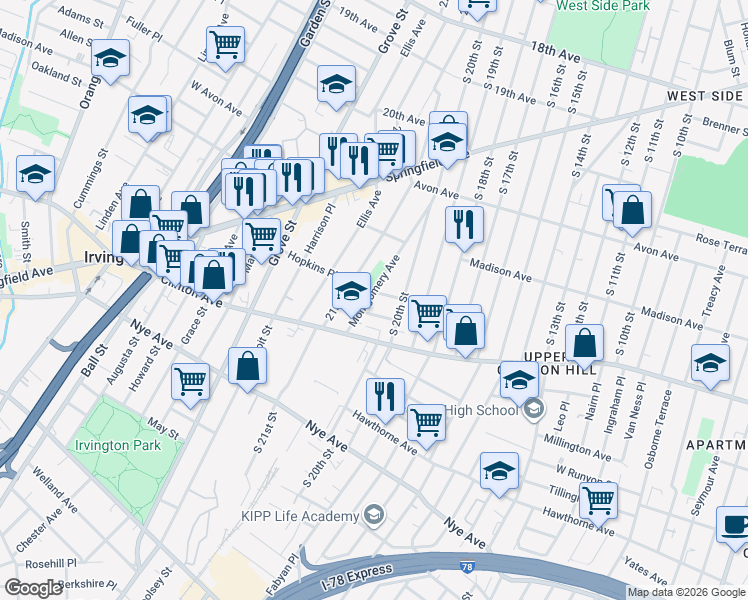map of restaurants, bars, coffee shops, grocery stores, and more near 46 Hopkins Place in Irvington